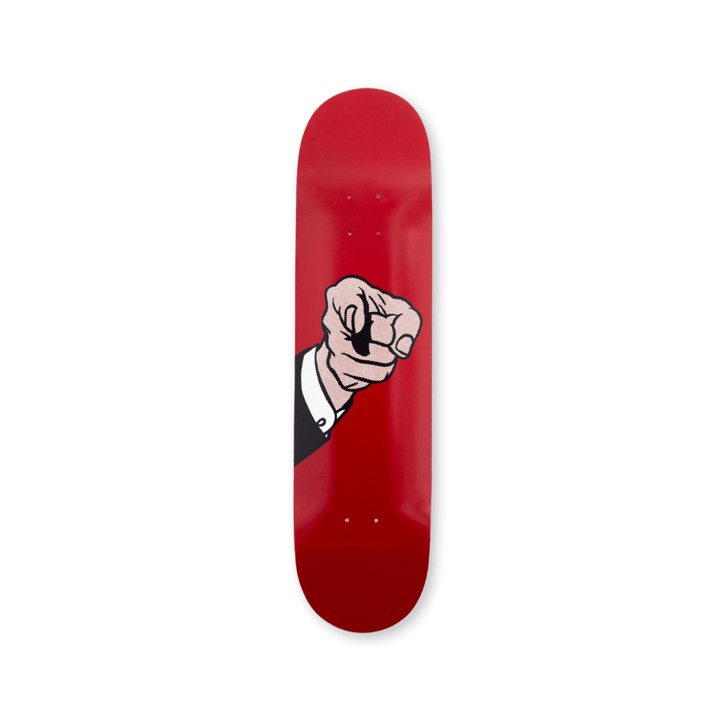 Roy Lichtenstein 'Finger Pointing' skateboard deck by THE SKATEROOM, featuring bold comic-style art on a striking red background, ideal for collectors or as a statement wall piece.