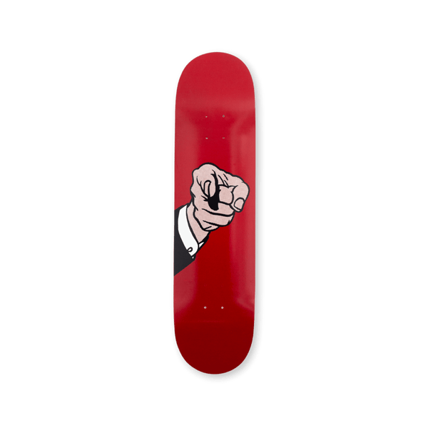 Roy Lichtenstein 'Finger Pointing' skateboard deck by THE SKATEROOM, featuring bold comic-style art on a striking red background, ideal for collectors or as a statement wall piece.