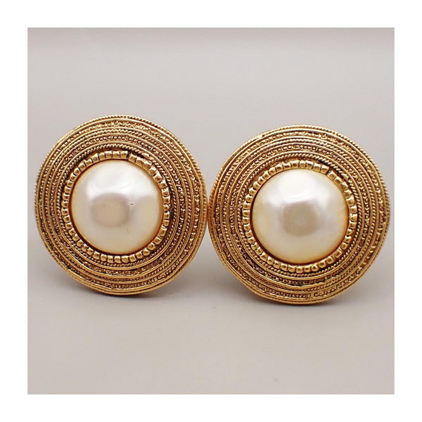 Chanel Vintage Round Clip-On Earrings Metal with Faux Pearl Product Image