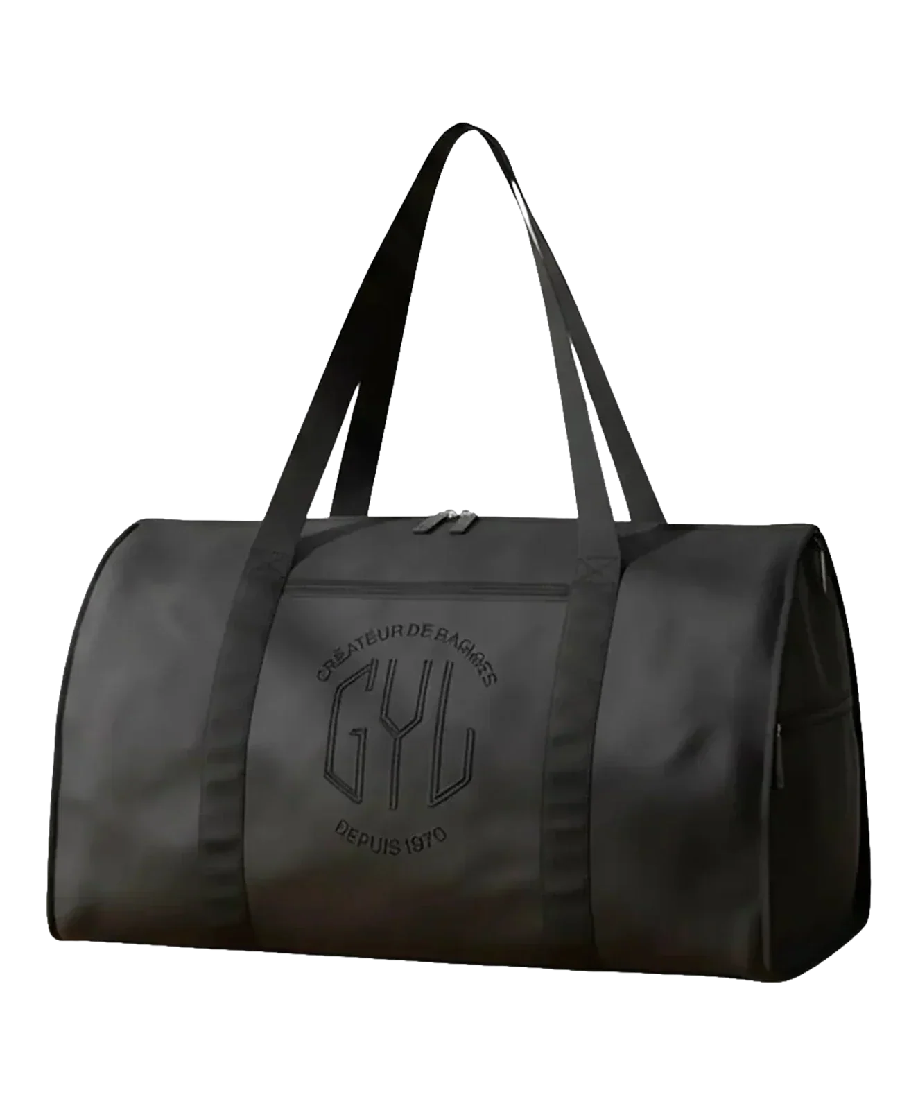 Sac de voyage pliant GYL coloris noir vue trois quarts avec logo Créateur de Bagages depuis 1970