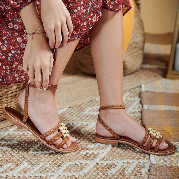 Sandales Plates Madras - Camel - Couleur Pourpre - Couleur Pourpre* - The Bradery