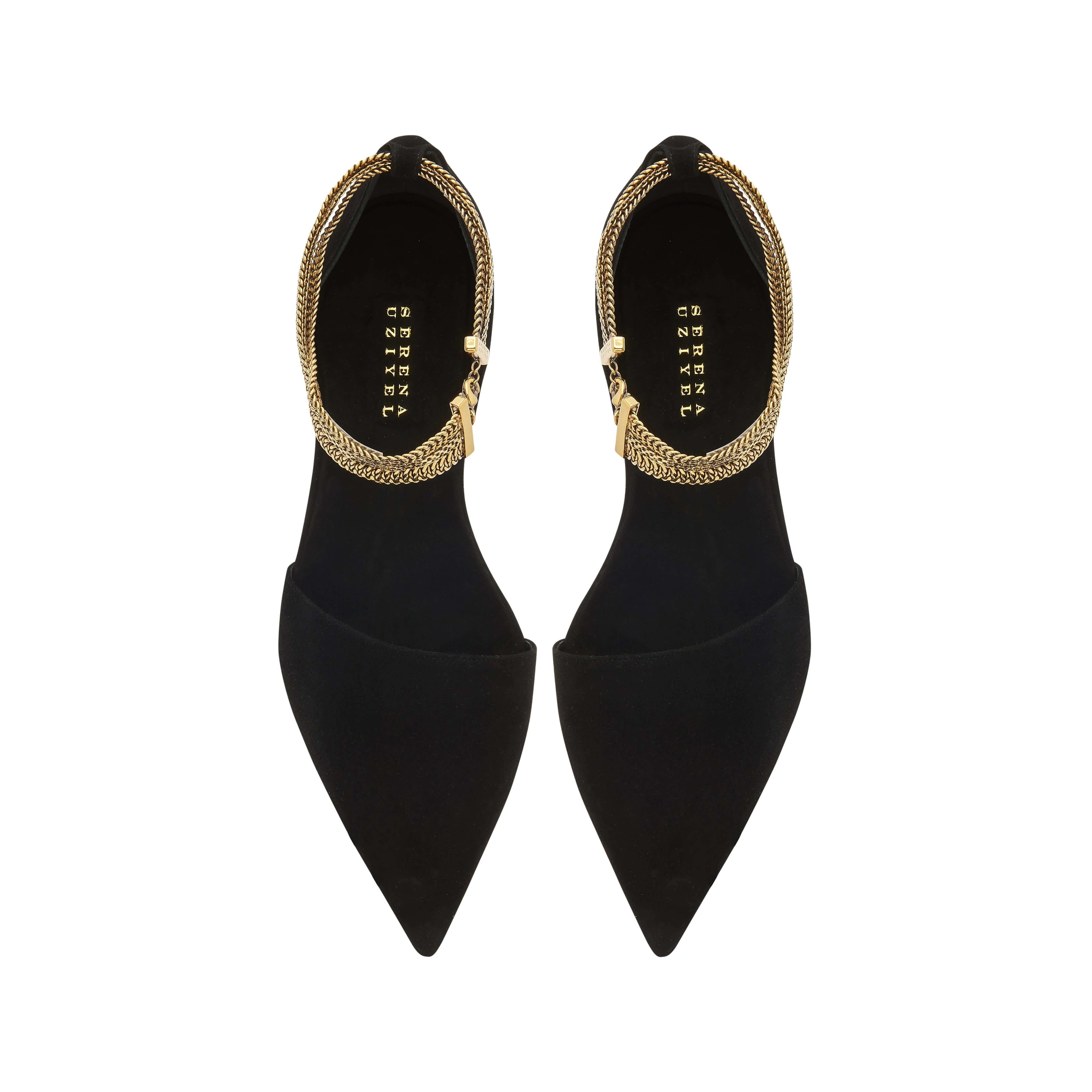 Sienna Black Flat Ballerina shoes with chainlink anklet, suede material for elegance and comfort.