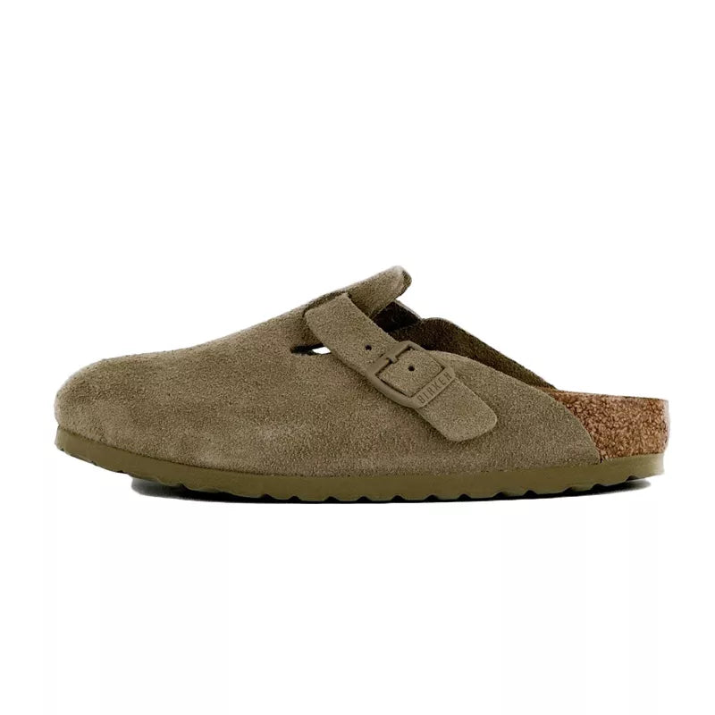 Chaussons Femme Birkenstock Boston Rivets Suede Étroite - Kaki/Ecru
