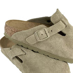 Chaussons Femme Birkenstock Boston Rivets Suede Étroite - Kaki/Ecru
