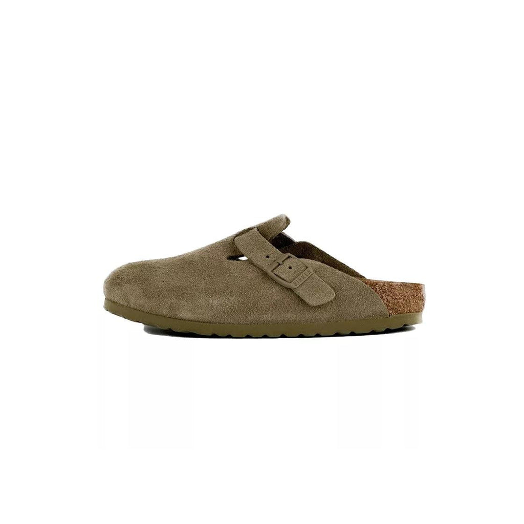 Chaussons Femme Birkenstock Boston Rivets Suede Étroite - Kaki/Ecru