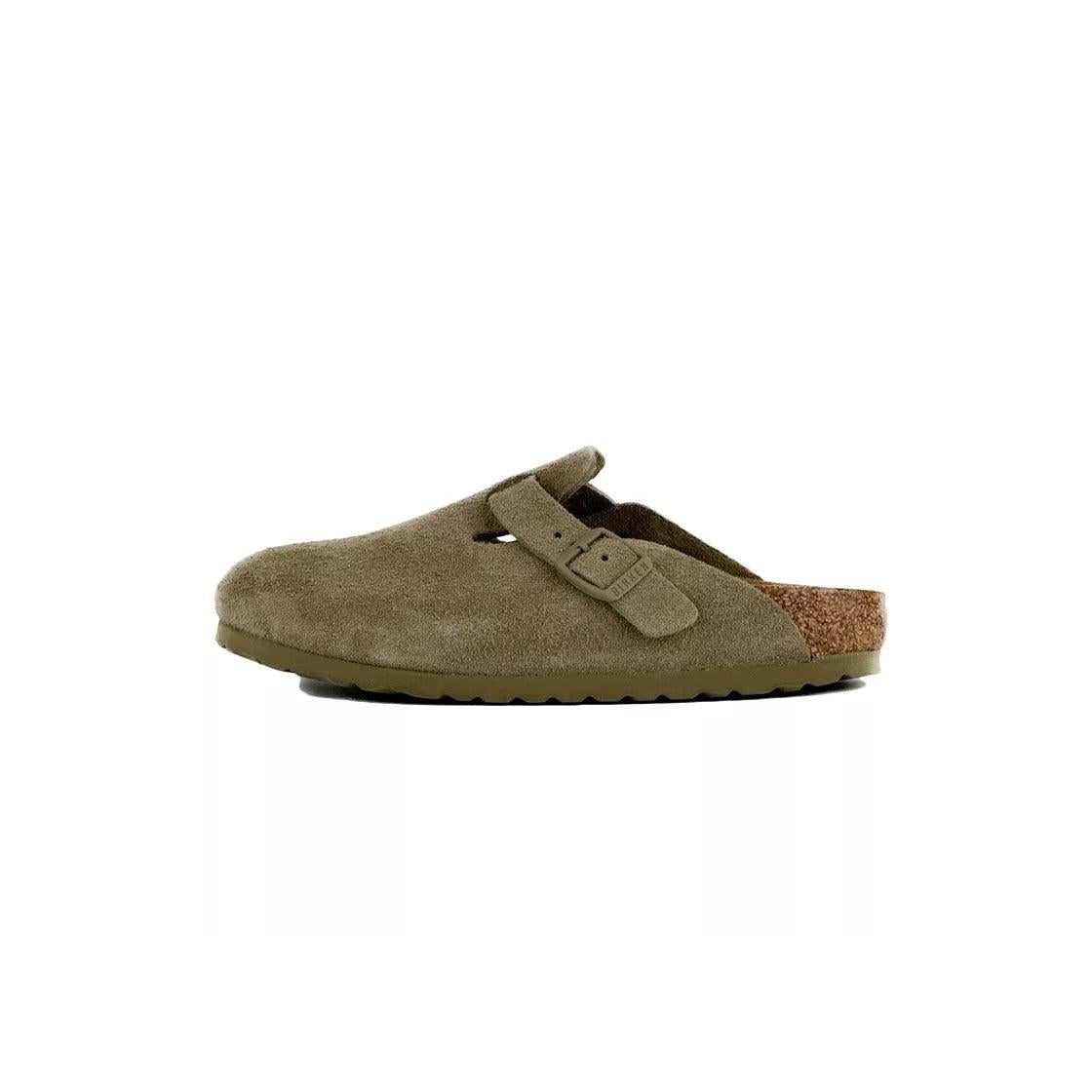Chaussons Femme Birkenstock Boston Rivets Suede Étroite - Kaki/Ecru