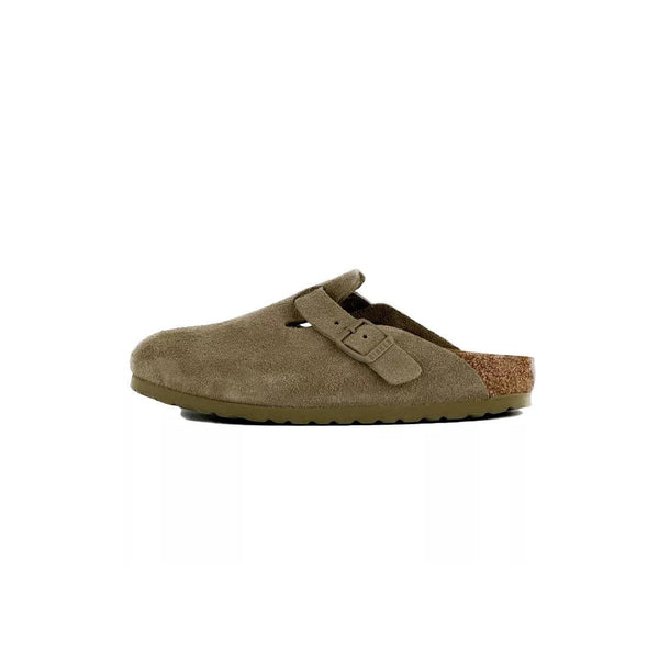 Chaussons Femme Birkenstock Boston Rivets Suede Étroite - Kaki/Ecru