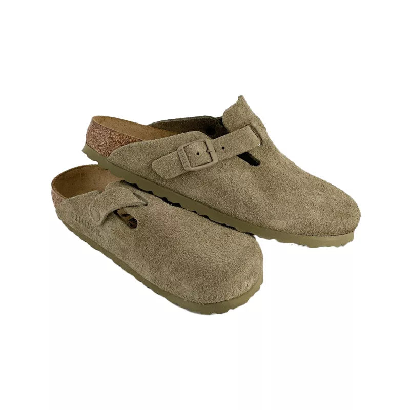 Chaussons Femme Birkenstock Boston Rivets Suede Étroite - Kaki/Ecru