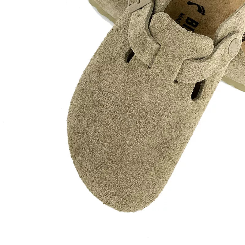 Chaussons Femme Birkenstock Boston Rivets Suede Étroite - Kaki/Ecru