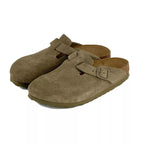 Chaussons Femme Birkenstock Boston Rivets Suede Étroite - Kaki/Ecru
