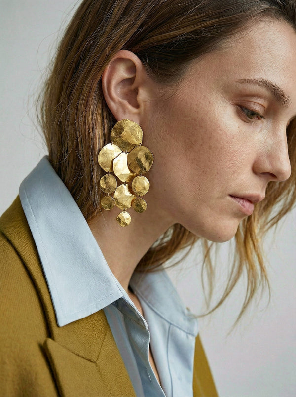 Boucles D’Oreilles Sonia Rykiel Vintage Maxi Chandelier En Plaqué Or Martelé