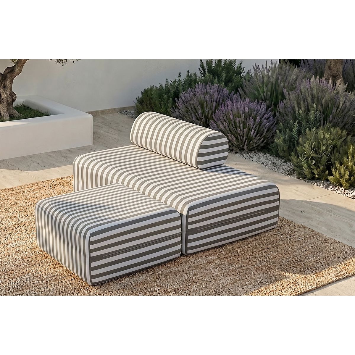 Pouf Modulable - Tissu Extérieur À Rayures - Blanc Et Gris Anthracite