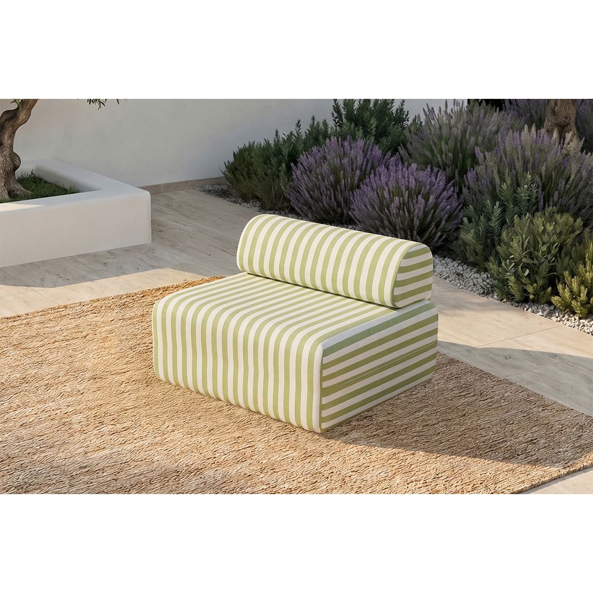 Fauteuil Modulable - Tissu Extérieur À Rayures - Blanc Et Vert Anis