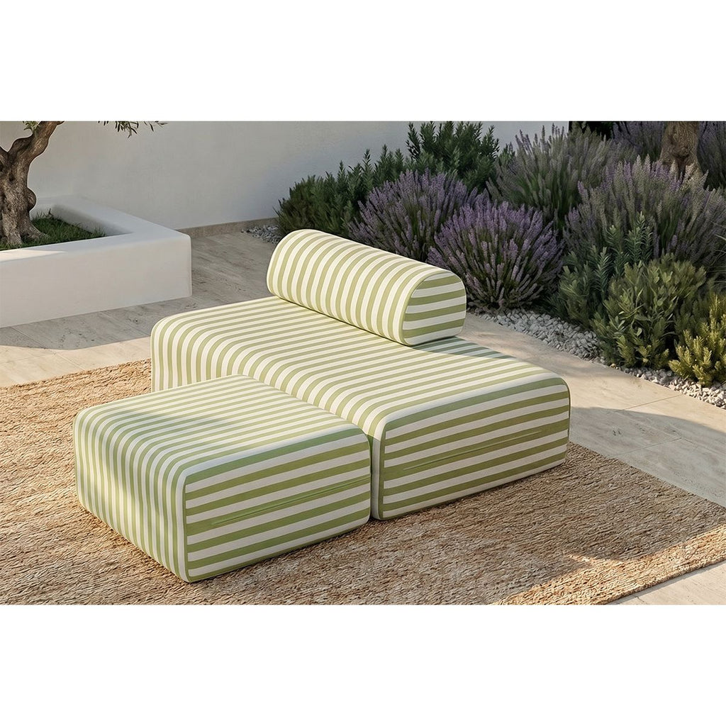 Pouf Modulable - Tissu Extérieur À Rayures - Blanc Et Vert Anis