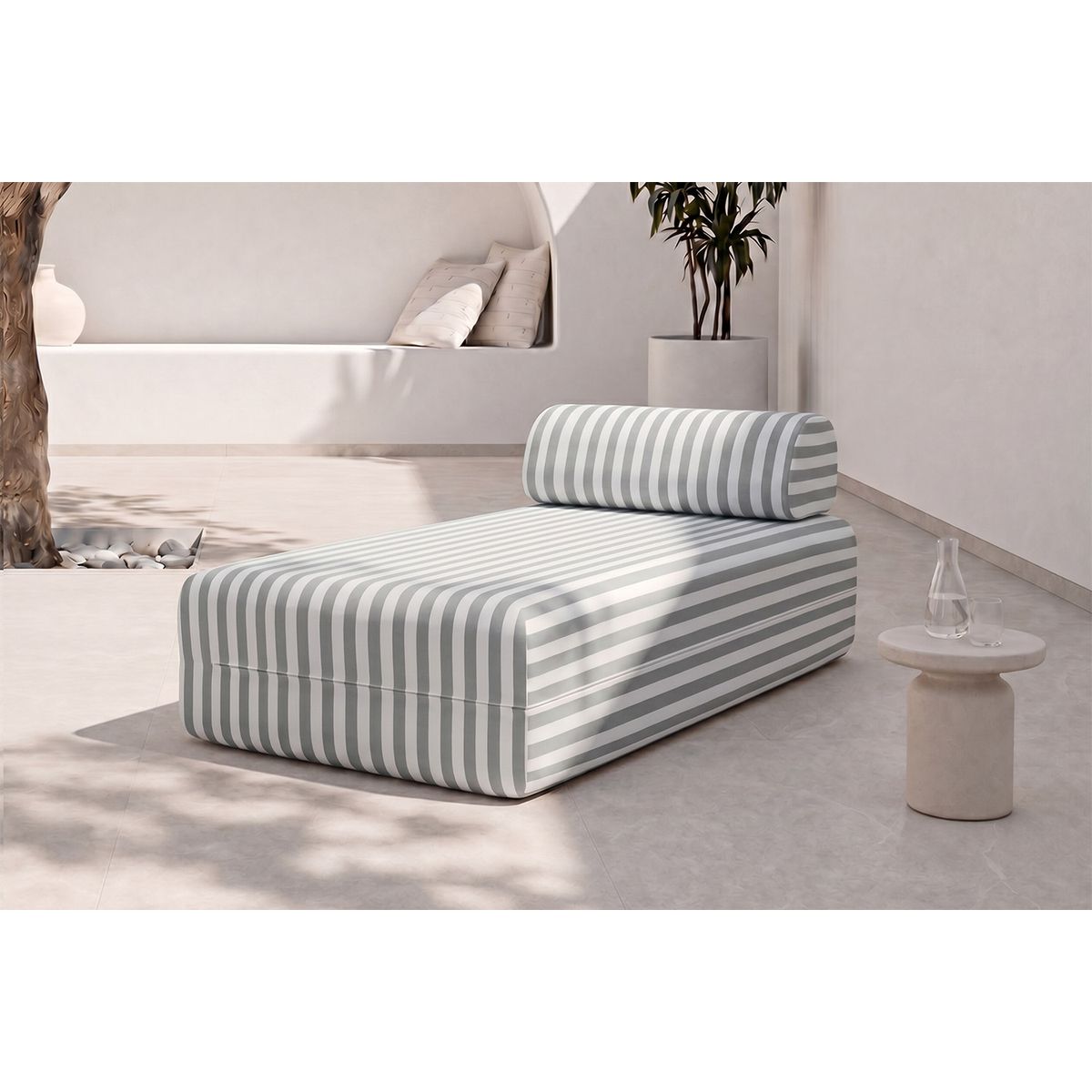Méridienne Modulable - Tissu Extérieur À Rayures - Blanc Et Gris