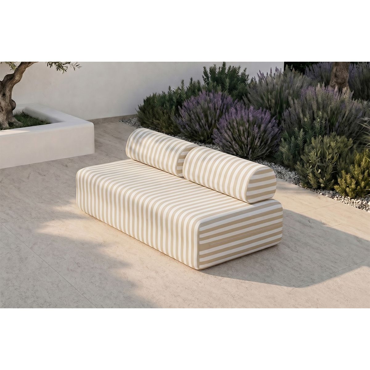 Canapé 3 Places Modulable - Tissu Extérieur À Rayures - Blanc Et Beige
