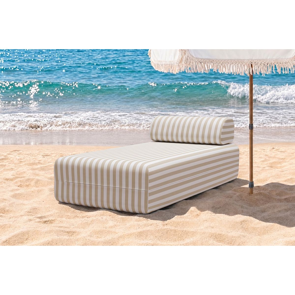 Méridienne Modulable - Tissu Extérieur À Rayures - Blanc Et Beige