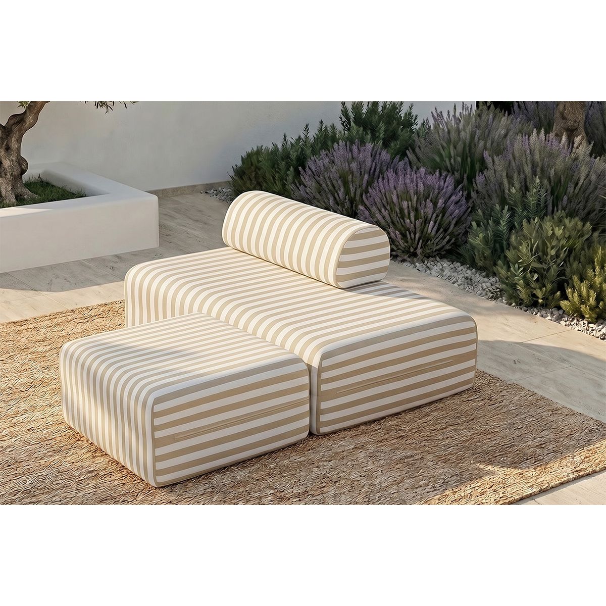 Pouf Modulable - Tissu Extérieur À Rayures - Blanc Et Beige