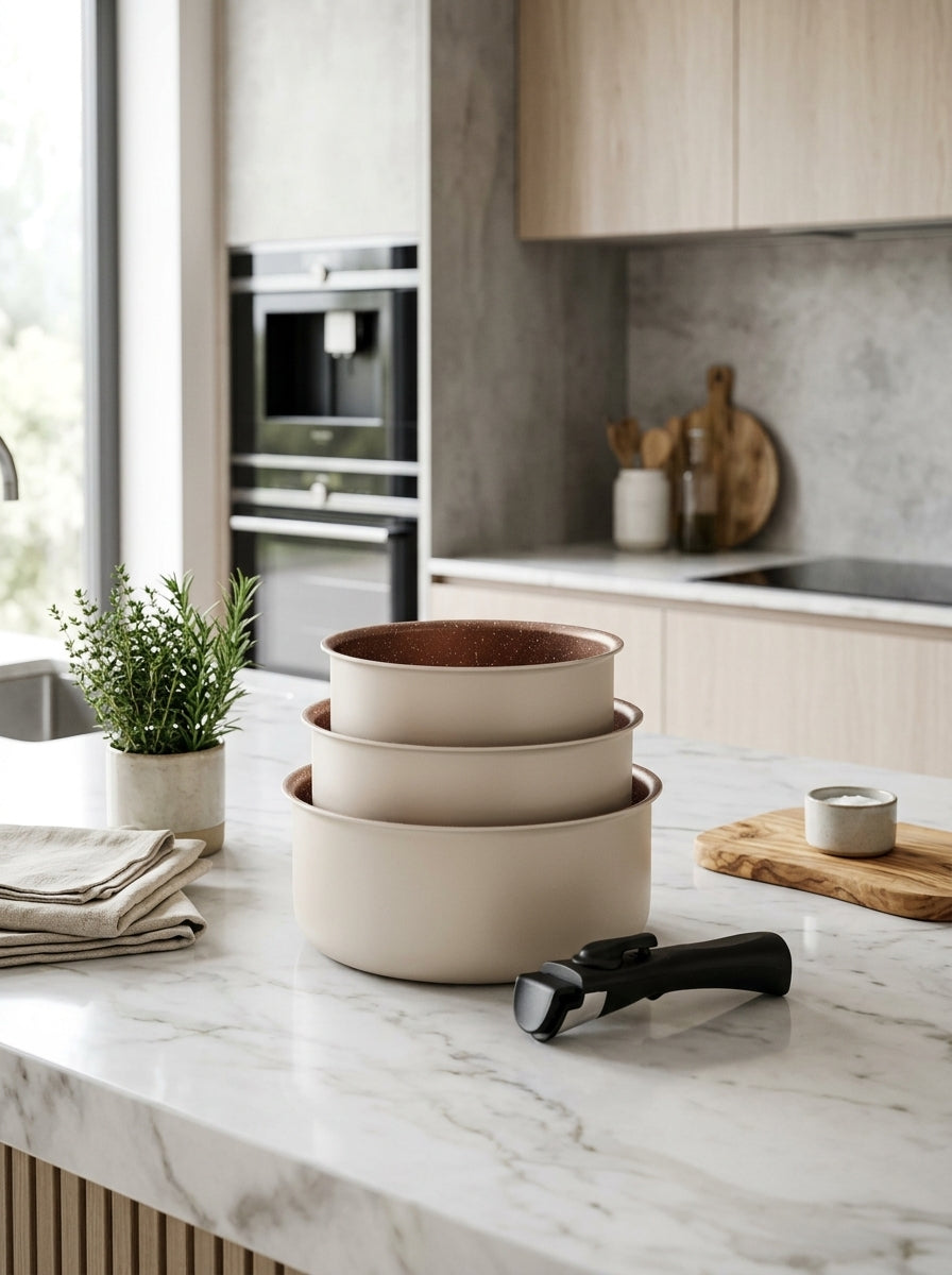 Set 3 Casseroles 16/18/20cm - Aluminium - Anti-Adhésif - Crème
