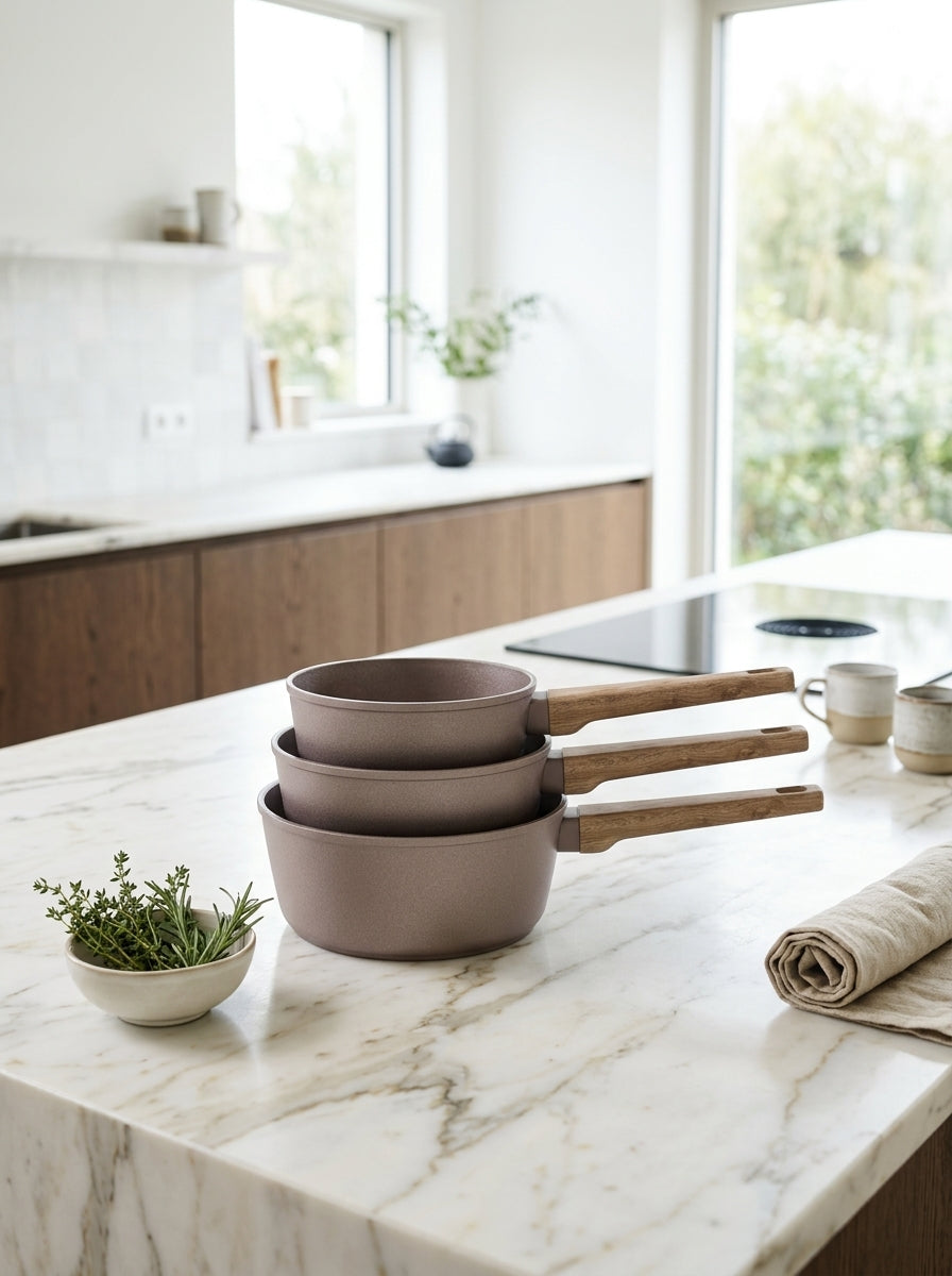 Set 3 Casseroles 16/18/20cm - Aluminium Forgé - Revêtement Céramique - Taupe