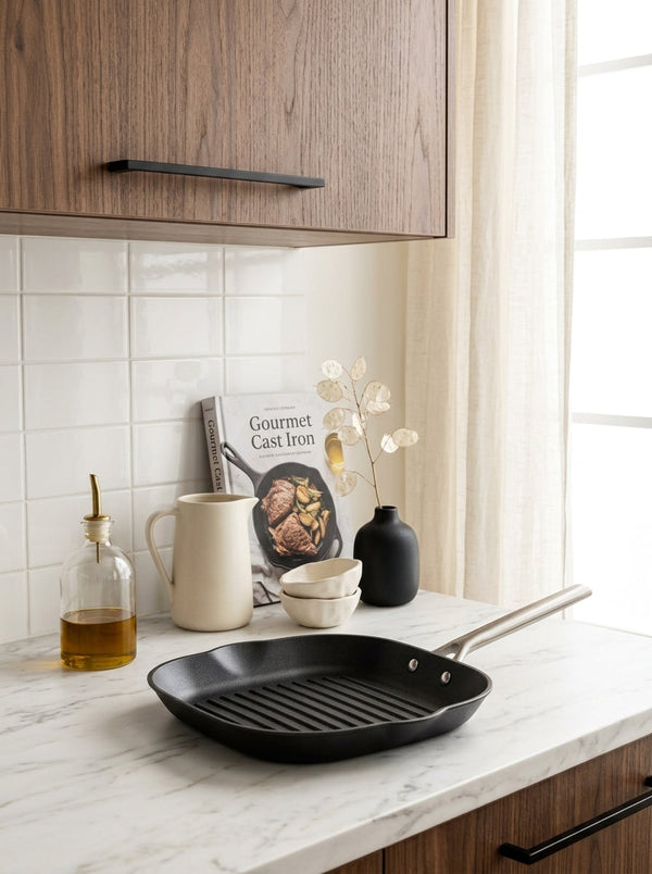 Poêle Grill En Fonte Structure Nid D'Abeille Avec Poignée En Inox - Noir - 28cm