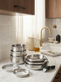 Set De 3 Casseroles En Inox + 3 Poêles + 1 Poignée Amovible + 3 Couvercles Passoires Avec Manche En Inox - Argenté