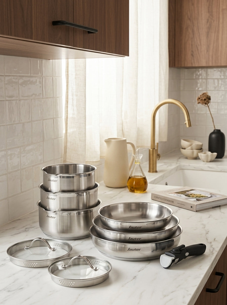 Set De 3 Casseroles En Inox + 3 Poêles + 1 Poignée Amovible + 3 Couvercles Passoires Avec Manche En Inox - Argenté
