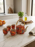 Pechino - Théière Avec Anse En Bambou Et 4 Tasses ; Décoration Rouge - Céramique