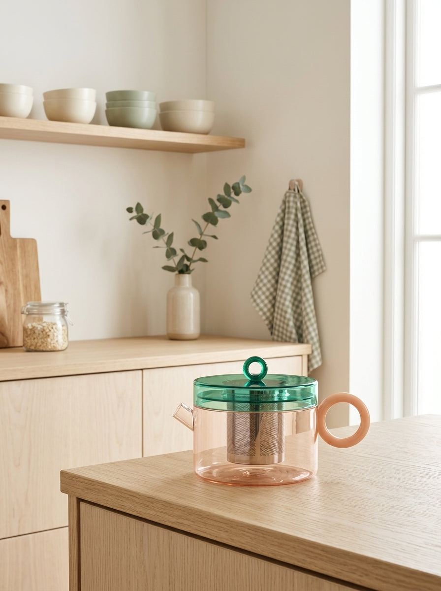 Olimpia - Théière Avec Poignée Colorée - Pêche Et Verte Pétrole - Verre Borosilicate - 800ml
