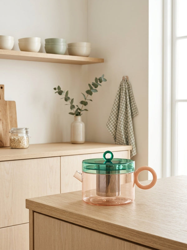 Olimpia - Théière Avec Poignée Colorée - Pêche Et Verte Pétrole - Verre Borosilicate - 800ml