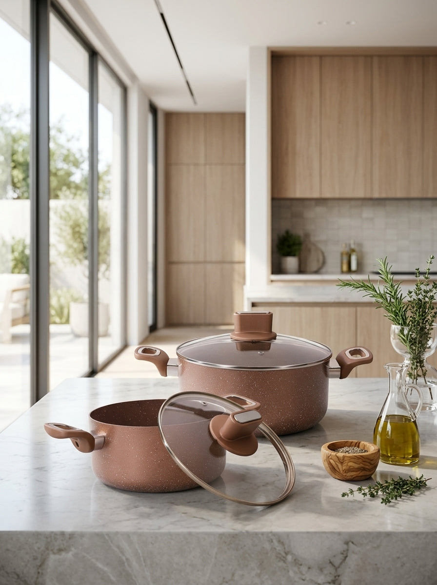 Set 2 Marmites 20/24cm Avec Couvercles - Aluminium - Anti Adhésif - Terracotta