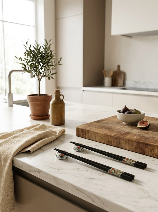 Pechino - Kit 2 Paires De Baguettes & 2 Porte-baguette - Bois