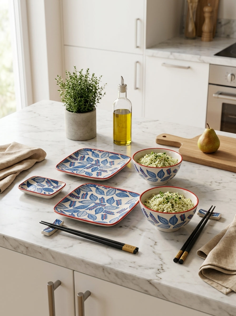 Pechino - Set De 2 Assiettes, 2 Bols Et 2 Jeux De Baguettes - Bleu - Céramique