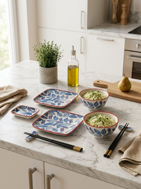 Pechino - Set De 2 Assiettes, 2 Bols Et 2 Jeux De Baguettes - Bleu - Céramique
