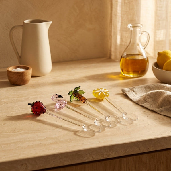 Monterey - Set De 4 Cuillères À Café Avec Décoration Palmier, Orange, Flamant Rose Et Fraise - Verre Borosilicate