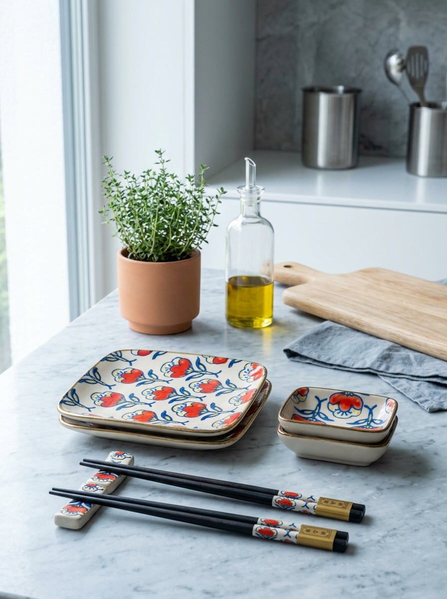 Pechino - Set De 2 Assiettes, 2 Bols Et 2 Jeux De Baguettes - Rouge - Céramique
