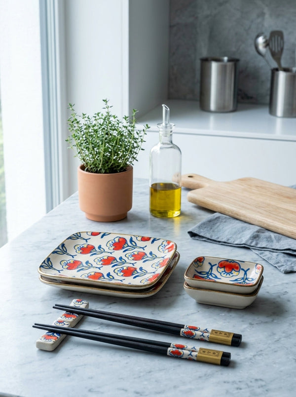 Pechino - Set De 2 Assiettes, 2 Bols Et 2 Jeux De Baguettes - Rouge - Céramique
