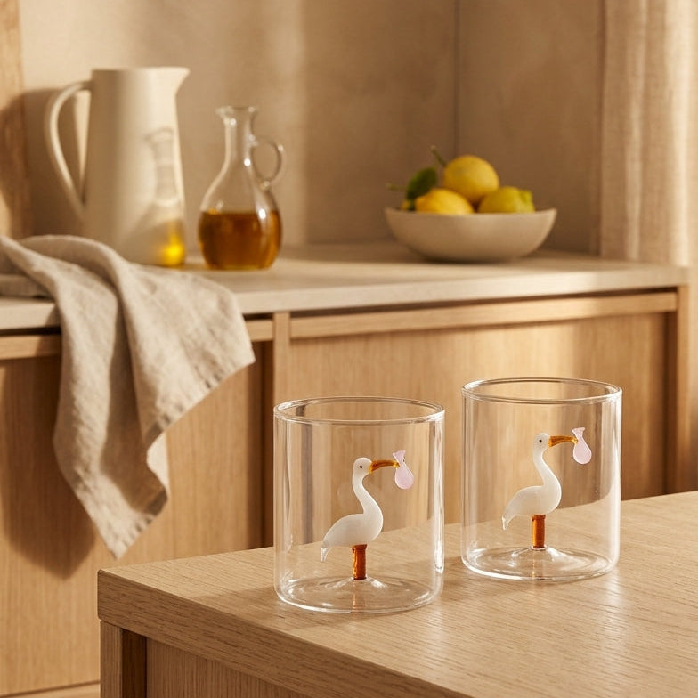 Monterey - Lot De 2 Gobelets Cigogne Porte-Bébé Roses - Verre Borosilicate - 250ml