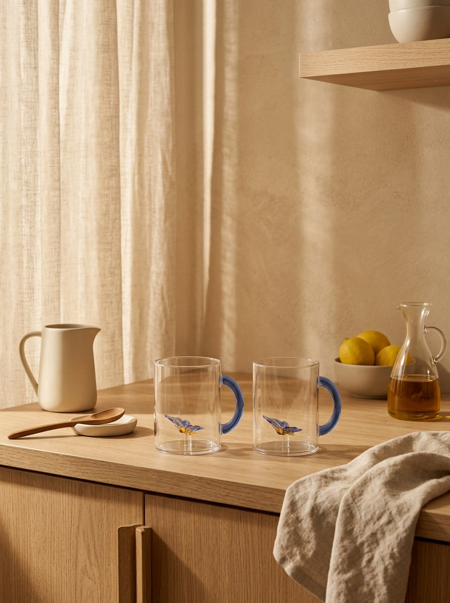 Monterey - Lot De 2 Mugs Papillons - Verre Borosilicate - 420ml