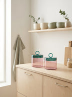 Olimpia - Lot De 2 Pots Avec Poignée Colorée À Anneau - Rose Et Verte Pétrole - Verre Borosilicate - 1,9L