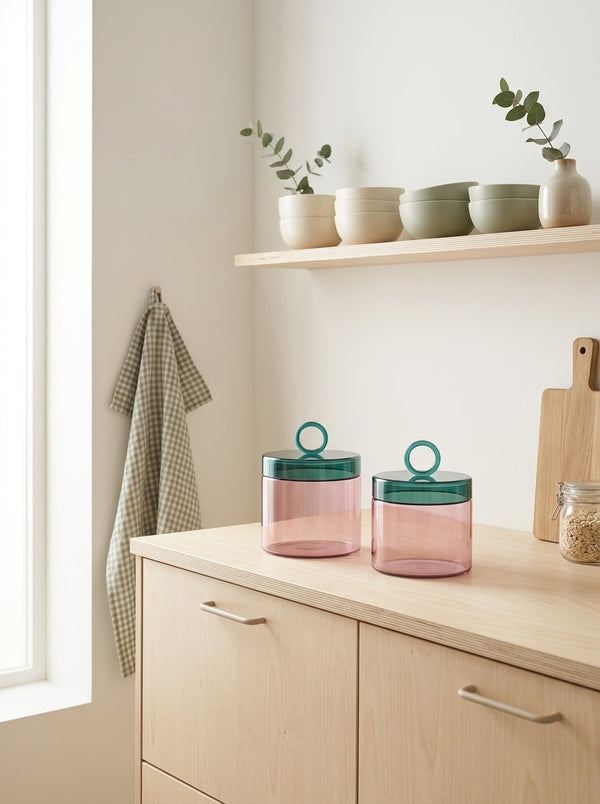 Olimpia - Lot De 2 Pots Avec Poignée Colorée À Anneau - Rose Et Verte Pétrole - Verre Borosilicate - 1,9L