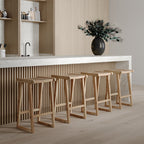 tabouret de bar en teck et bois avec rotin