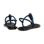 Thory Navy Flat Sandal, featuring silk satin and navy raffia braiding for an elegant minimalist design.