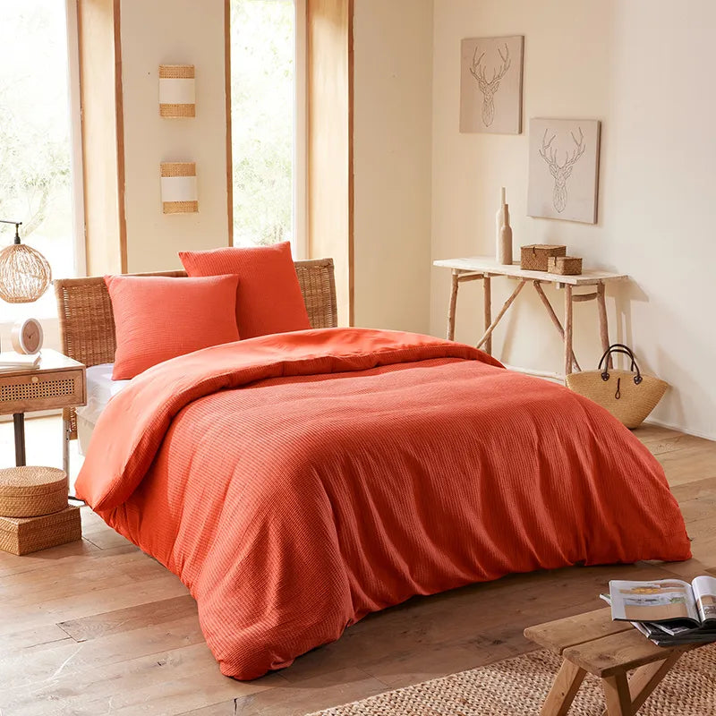 Parure De Couette (Housse + Taies D'Oreiller) - Nid D'Abeille - Terracotta