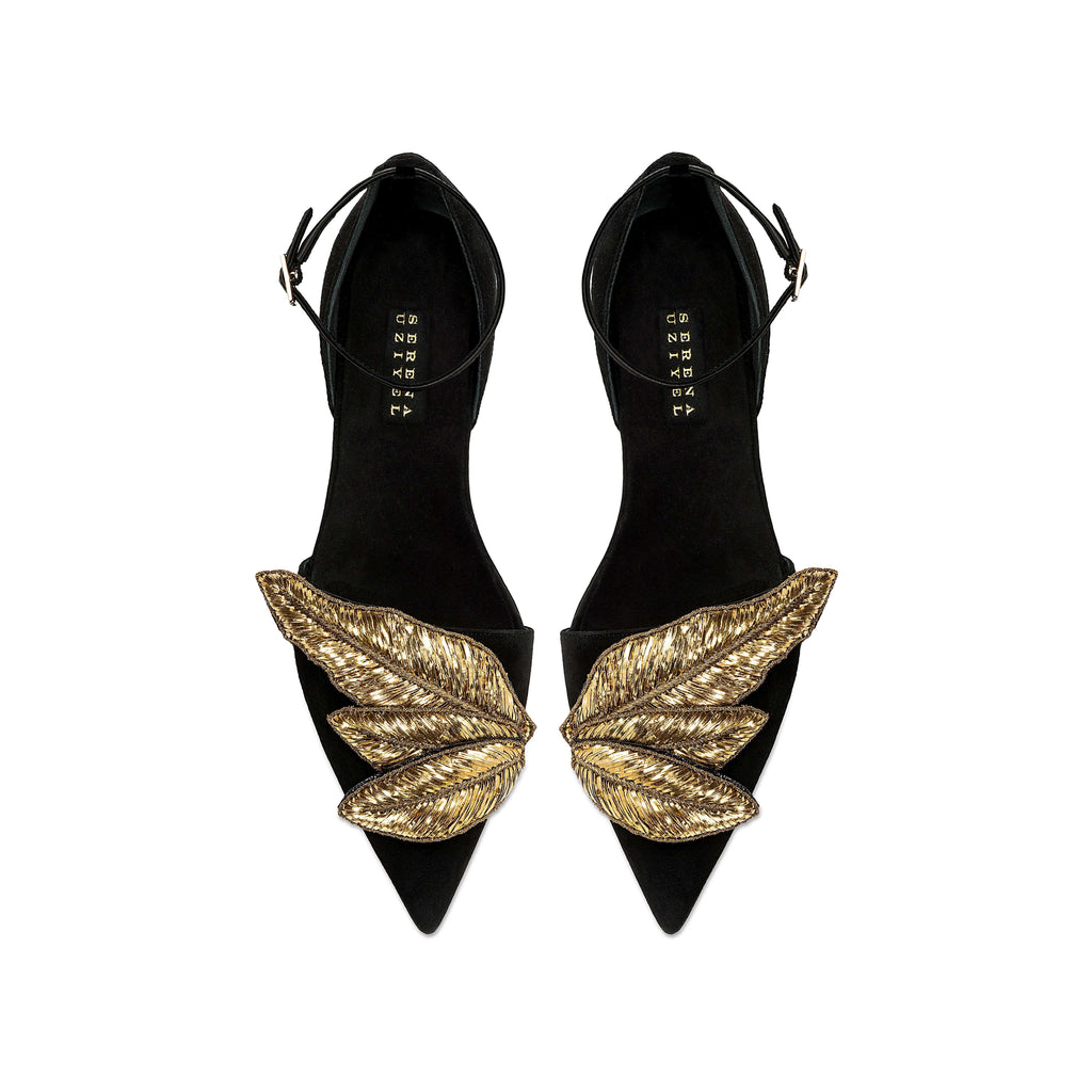 Valeria Black Flat Ankle Ballerina with gold leaf embellishments, showcasing elegance and comfort in suede design.