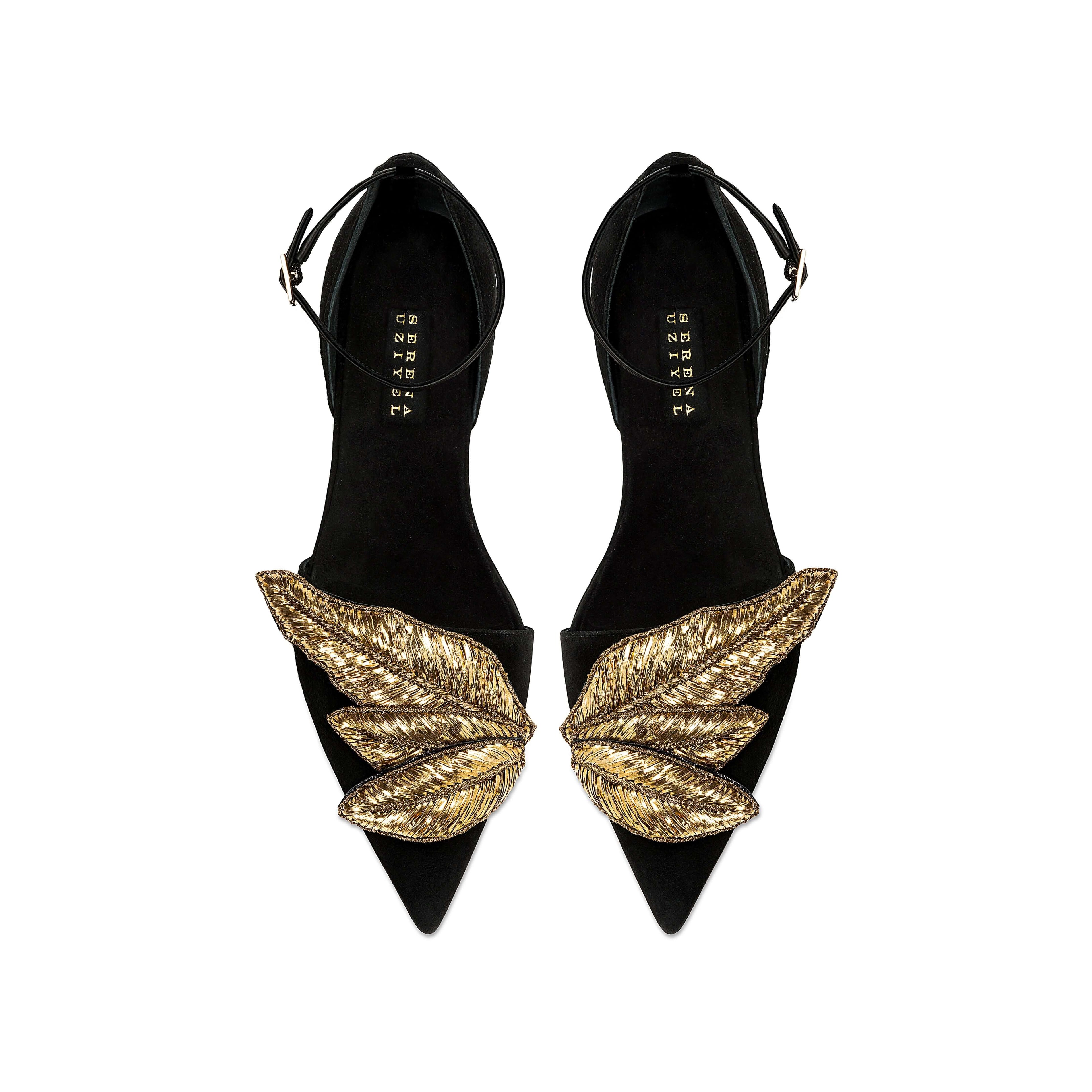 Valeria Black Flat Ankle Ballerina with gold leaf embellishments, showcasing elegance and comfort in suede design.