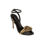 Valeria Black High-Heel Ankle Cross Sandal with metallic leaf embroidery, perfect for chic nighttime outfits.