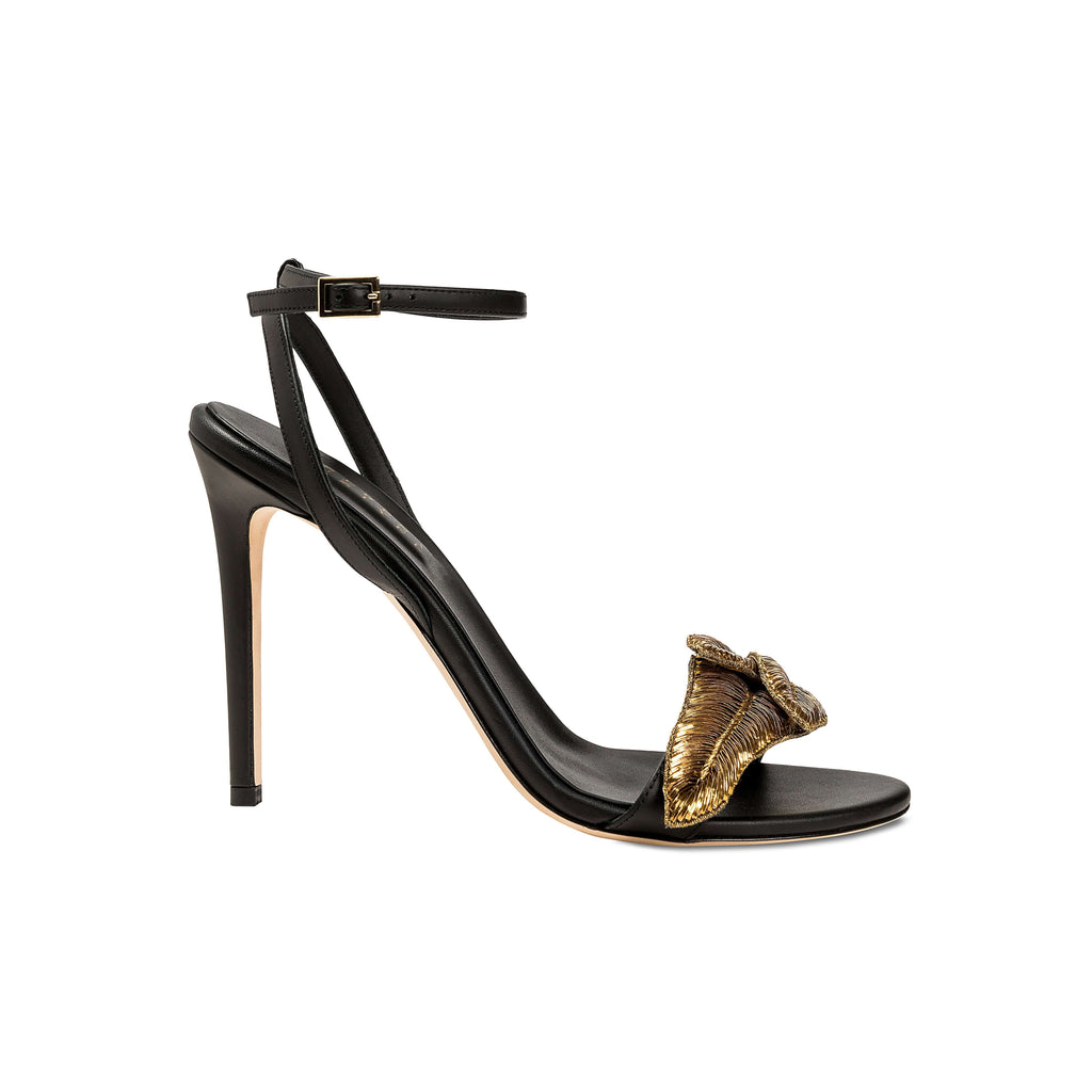 Valeria Black High-Heel Ankle Cross Sandal with metallic leaf embroidery, perfect for chic and Bohemian outfits.