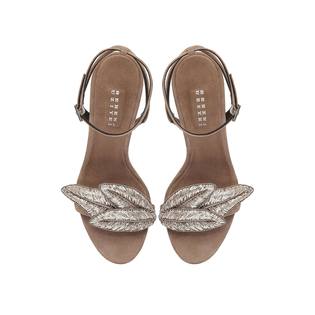 Valeria Praline High-Heel Ankle Cross Sandal with metallic leaf embroidery, perfect for chic evening attire.
