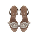 Valeria Praline High-Heel Ankle Cross Sandal with metallic leaf embroidery, perfect for chic evening attire.